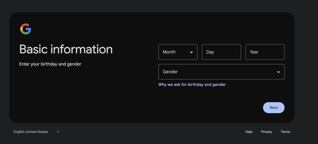 Google Basic Information page for birth month, day, year and gender form fields.
